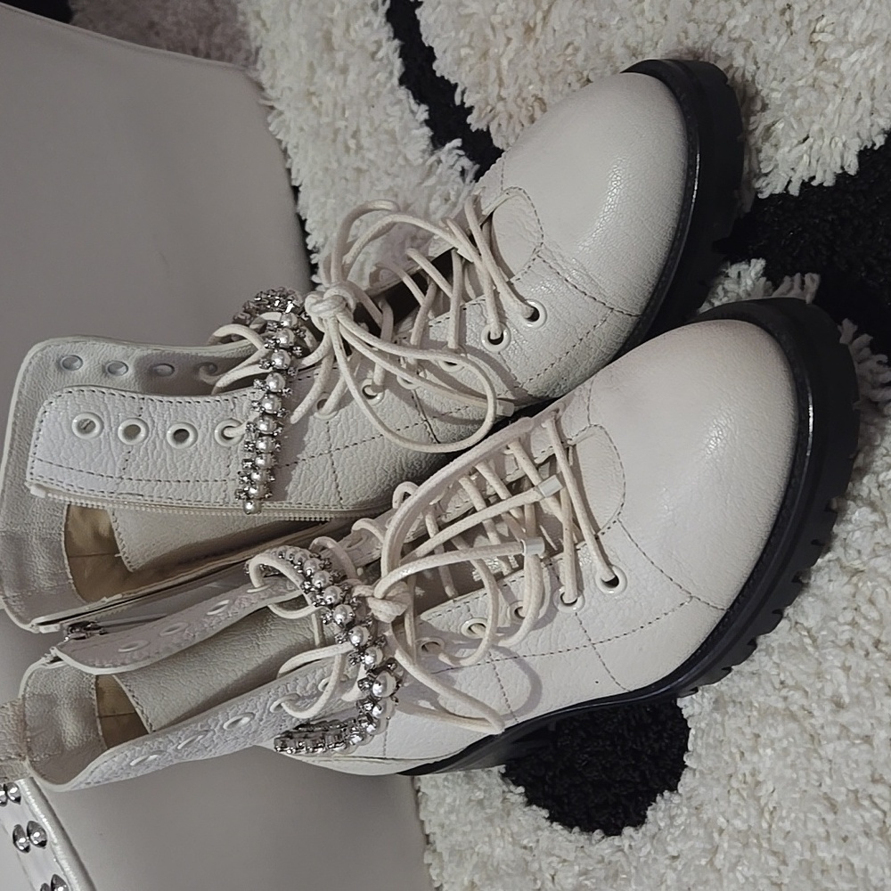 JIMMY CHOO White Goatskin Pearl Crystals Combat Boots 37